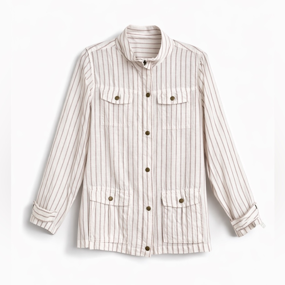Artisan Ny Striped Linen Utility Jacket - White and Tan Combo